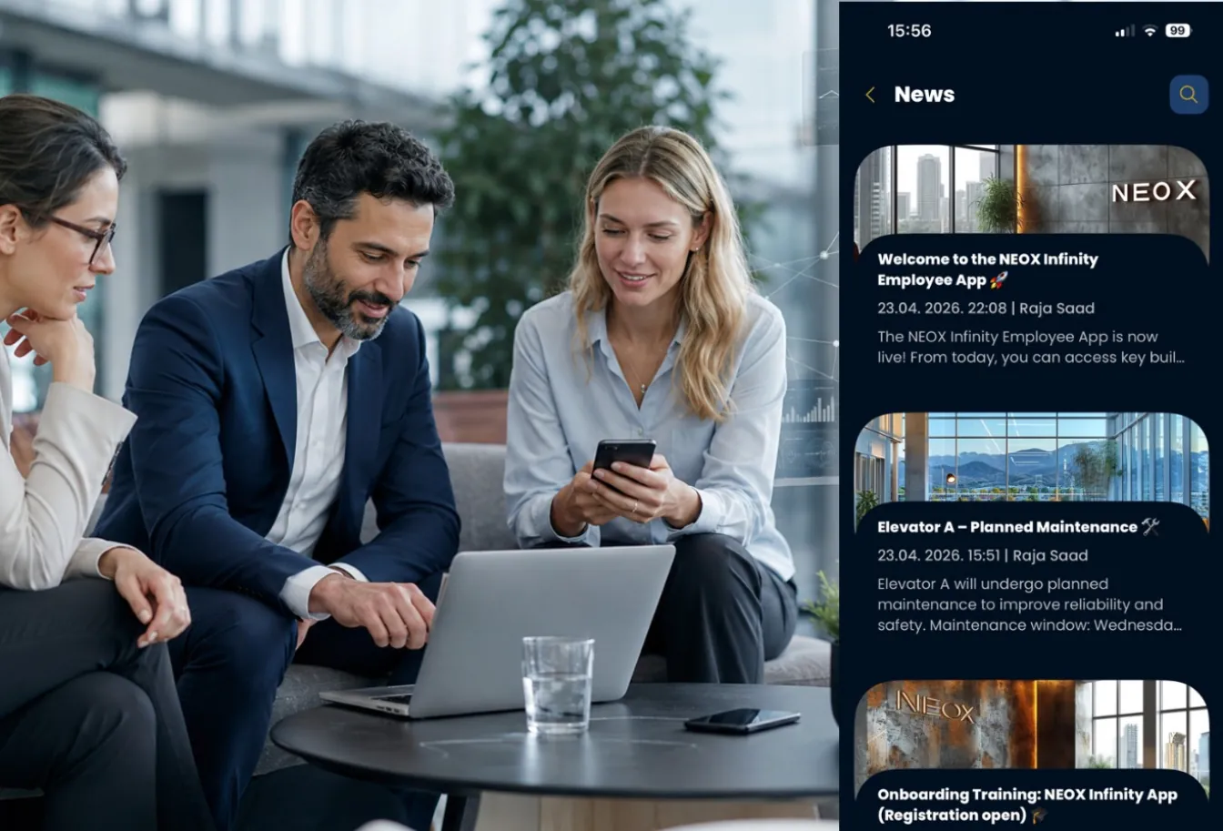 Community News Feed & Offers screen in the NEOX Infinity app