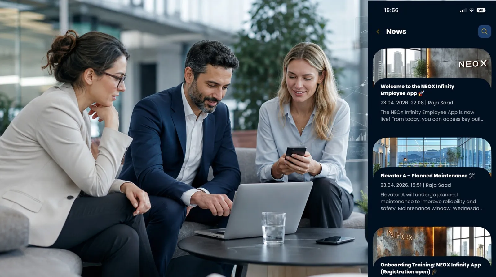 Colleagues reading building news and offers in the NEOX Infinity app