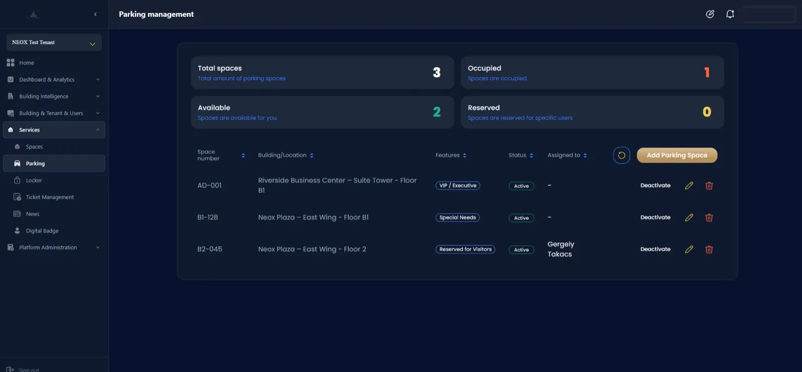 Service Management screen in the NEOX Infinity app