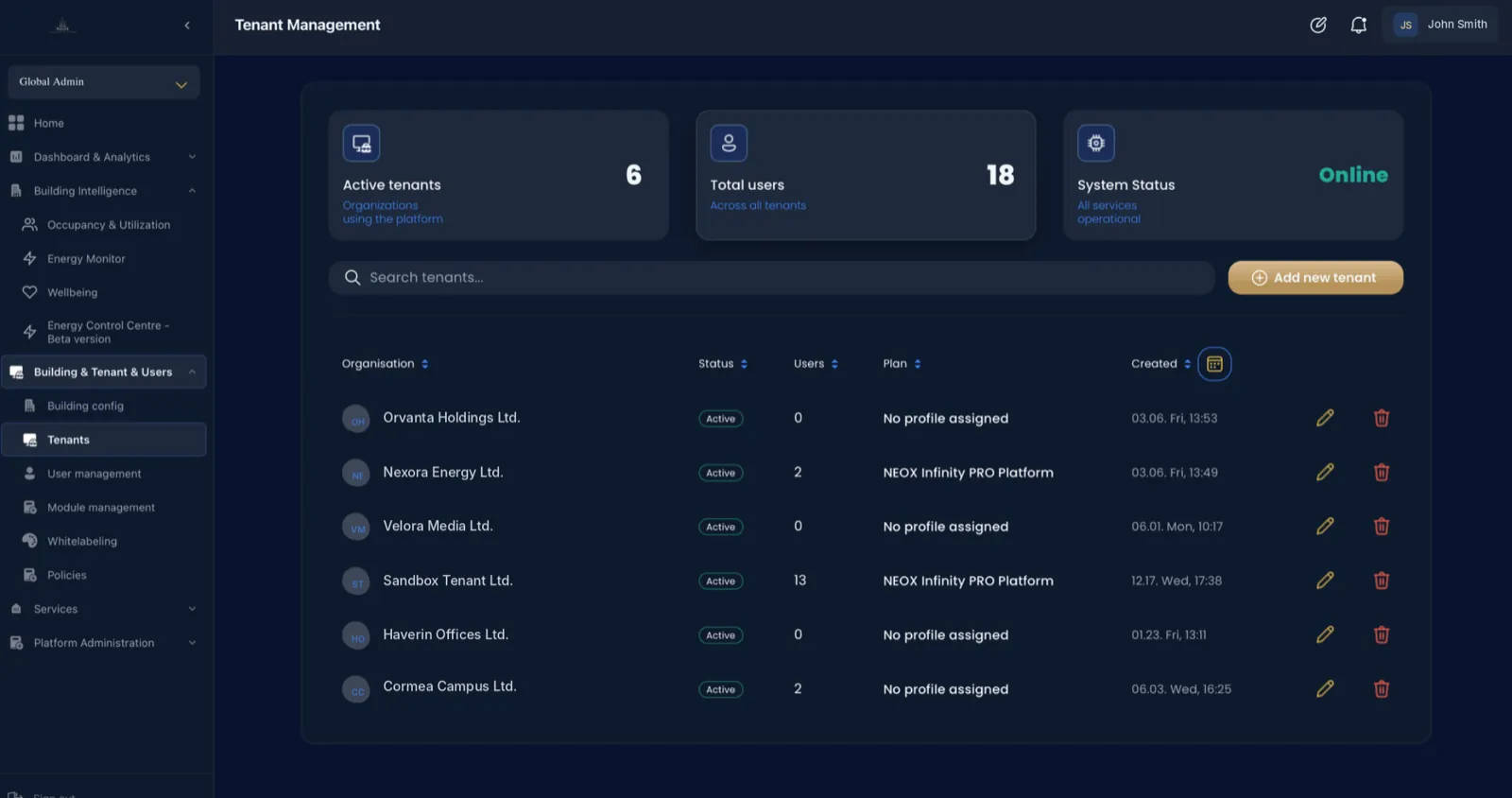 Tenant & Role-Based Governance screen in the NEOX Infinity app