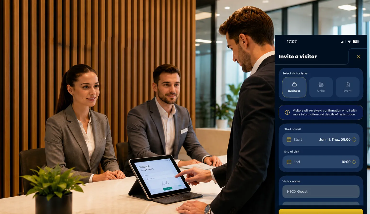 Visitor Management screen in the NEOX Infinity app