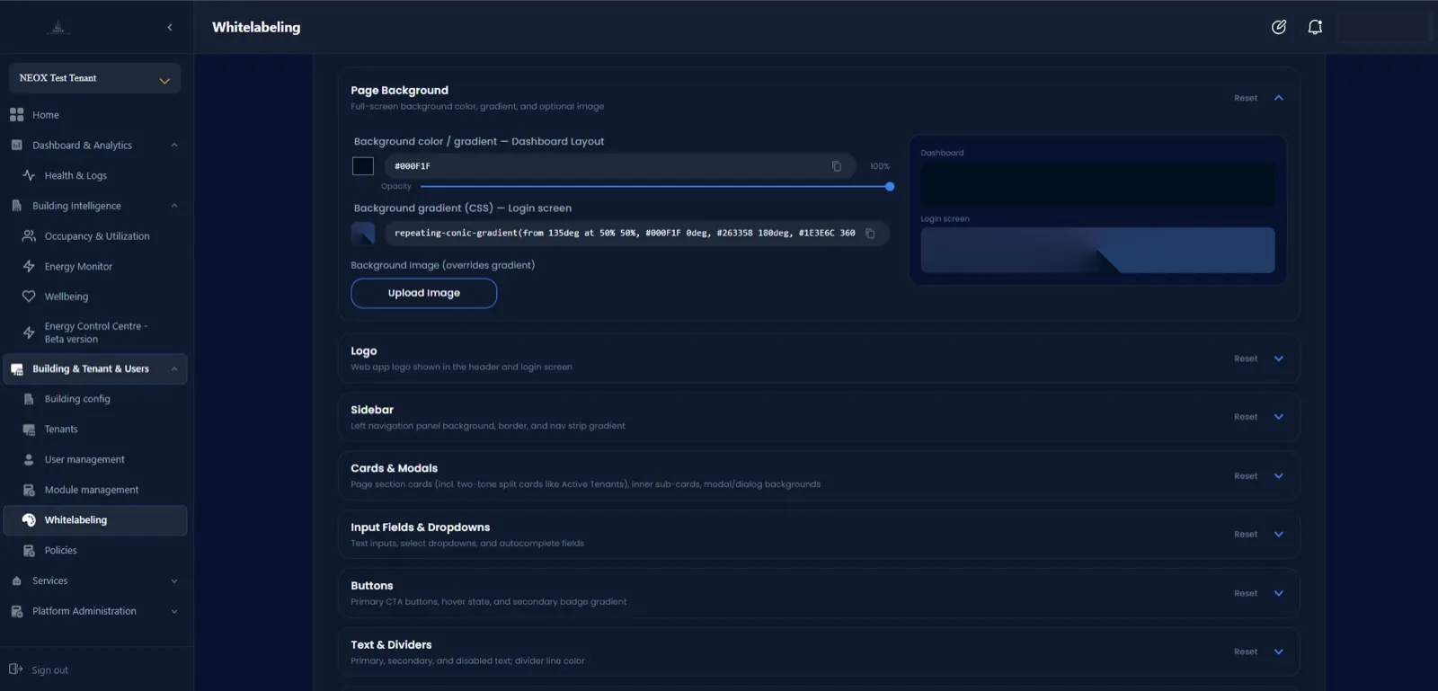 White-Label & Portfolio Configuration screen in the NEOX Infinity app