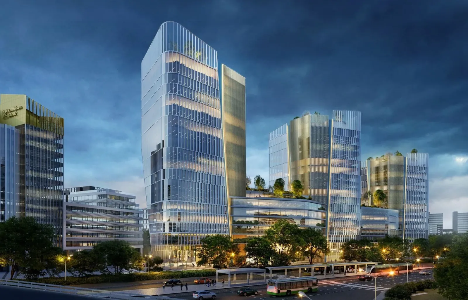 MBH Bank – glass towers at dusk